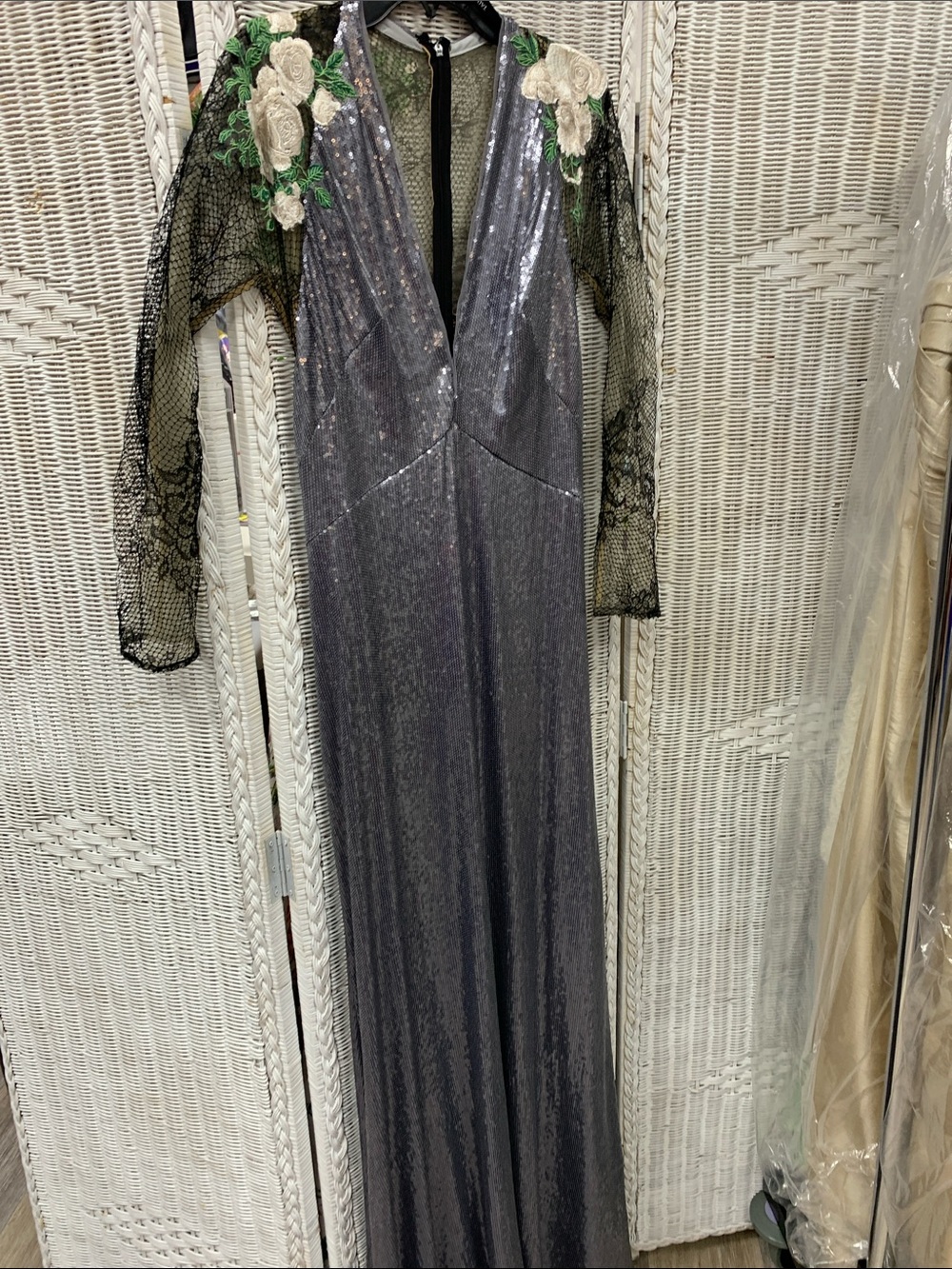 Sequin Metallic Gray Maxi Dress with Lace Floral Shoulders
